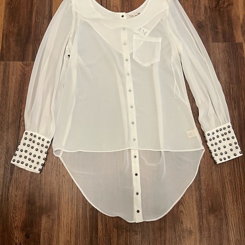 Double Zero White Long Sleeve Blouse With Gem Sleeves — image 2 of 8